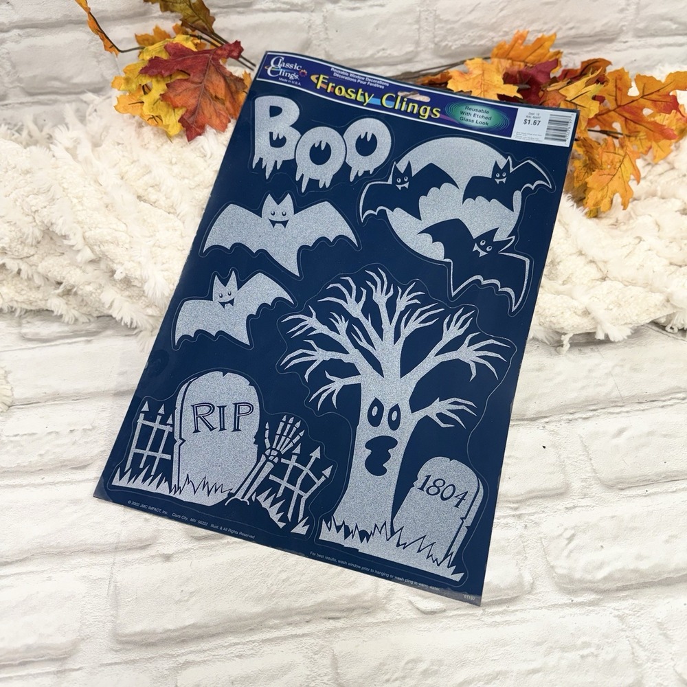 Vtg Halloween Window Clings Spooky Tree Graveyard Bats Boo RIP Nostalgic Décor